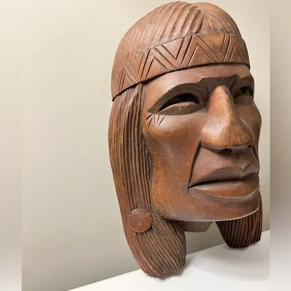 Vintage Hand Carved Wood Native American Indian Head Wall sculpture - Picture 10 of 12